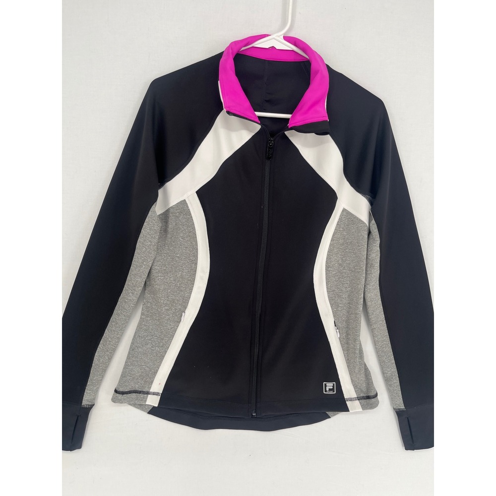 Fila Sport Athletic Jacket Womens Medium Full Zip Thumbholes Black Grey Pink